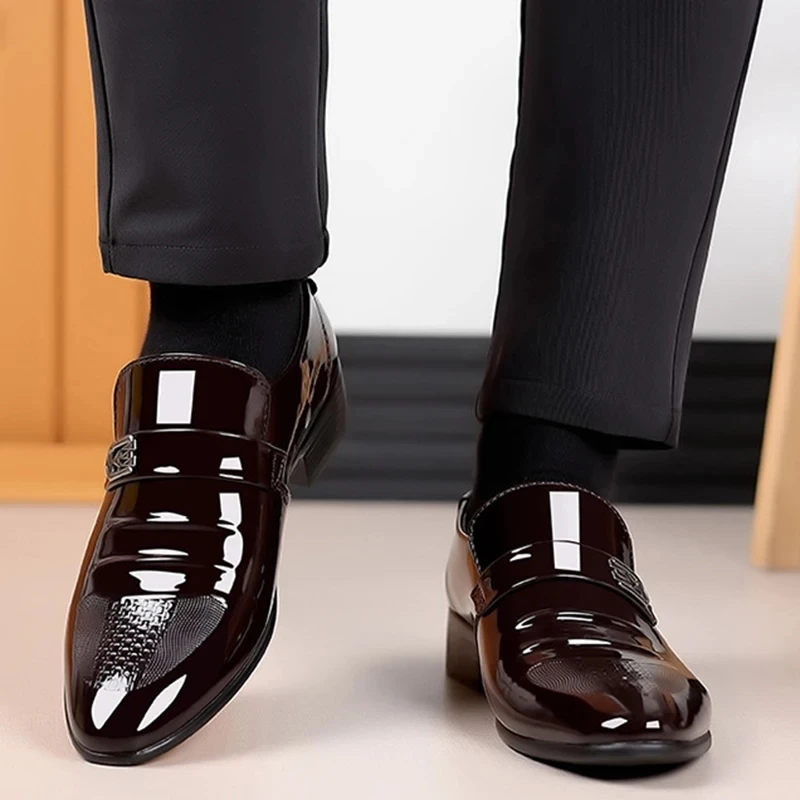 Brand Patent Leather Shoes for Men Casual Business Shoes Office Work Shoes for Male Party Wedding Oxfords Point Toe Loafers