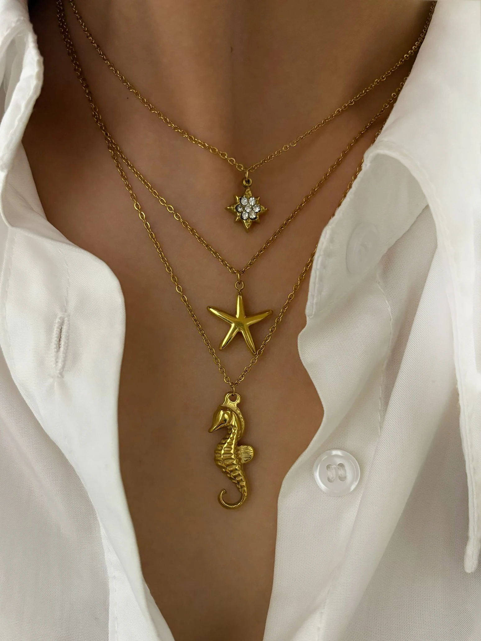 Peri\'sbox Fashion Sparkling Rhinestone Starburst Seahorse Starfish Pendant Necklace High Quality Stainless Steel Women\'s Jewelry