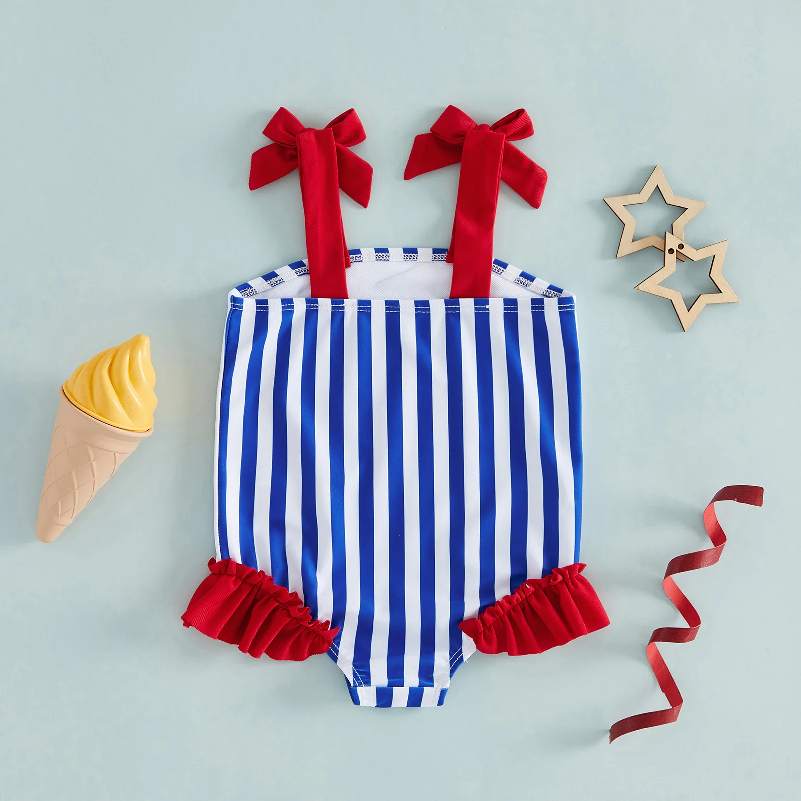 0-3Years Toddler Girl Independence Day Swimsuit Ice Cream Stripes Print Bathing Suit Patriotic Sleeveless Bow Shoulder Swimwear
