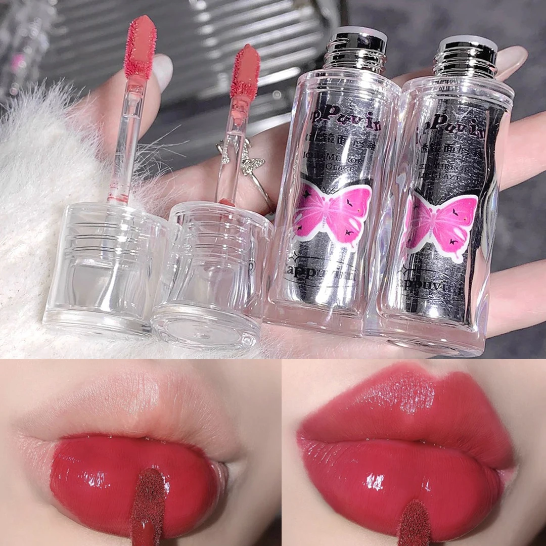 Cute Butterfly Mirror Jelly Lip Gloss Moisturizing Water Liquid Lipstick Waterproof Lasting Glossy Red Tint Lips Makeup Cosmetic