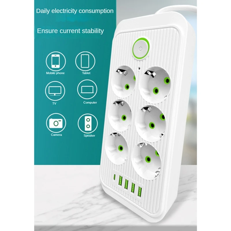 Multi Tap Socket 6AC AC100-250V Outlets Extension Cable 2500W Power Outlet Electrical Receptacle With EU Plug For Home, Durable