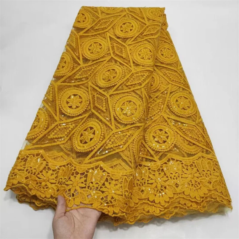 High Quality African Lace Fabric Yellow French Net Sequins Fabric Sewing Embroidered Lace Tulle Nigerian Lace Fabric 2.5Yards