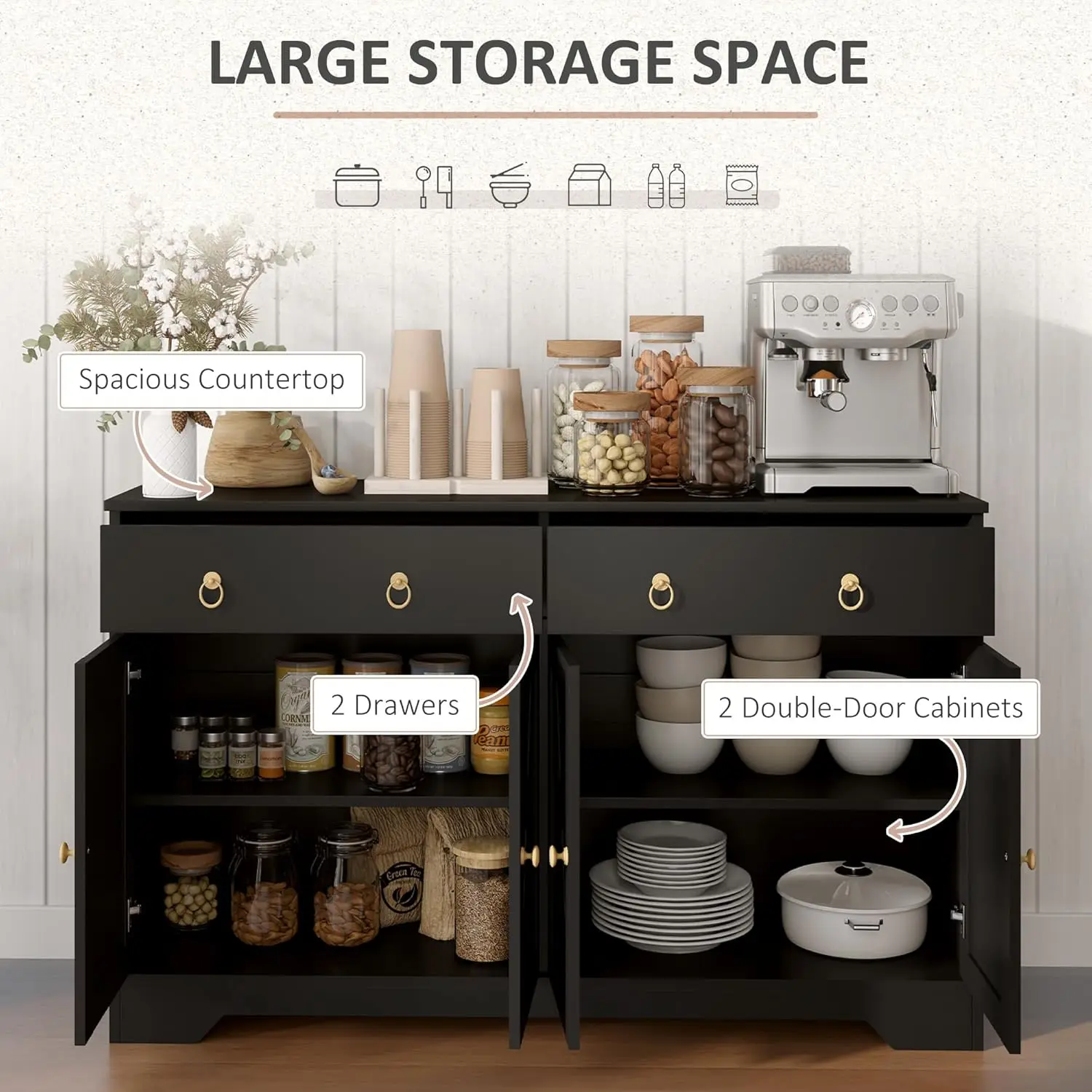 48" Sideboard Buffet with Storage, Kitchen Storage Cabinet with 2 Drawers and 4 Barn Doors, Farmhouse Coffee Bar, Customized