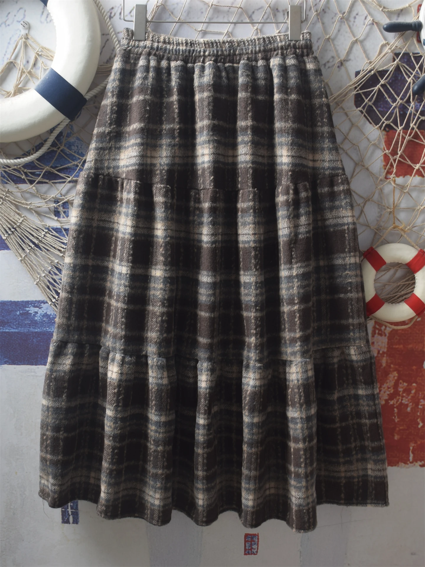 Japanese Autumn Winter Vintage Woolen Skirt Preppy Style Mid-long Women A-line Skirt All-match Elastic Waist Plaid Cake Skirts