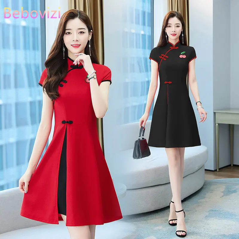 

Chinese Style Summer Improved Cheongsam Slim Midi Short Sleeve Modern Qipao Dress Women Clothing CNY