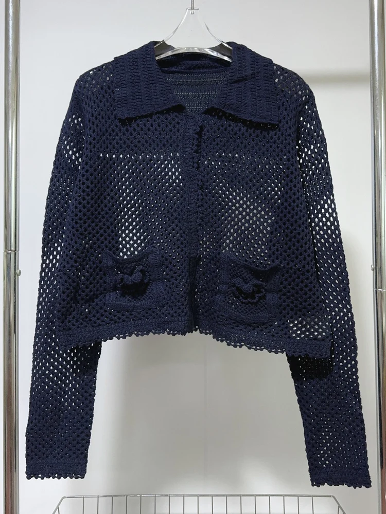 Ele European Sle Вязаный открытый кардиган с вырезом Легкий цветочный дизайн Мягкий сладкий длинный воротник све