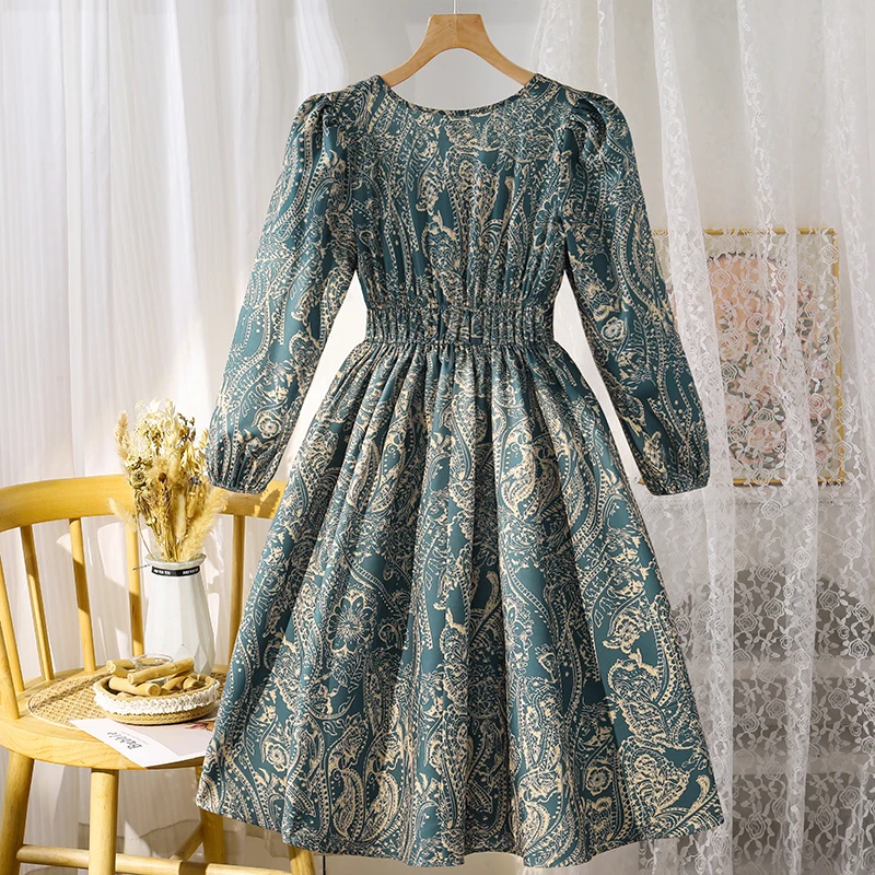 Girls 8‑12Y Spring Autumn Dress Paisley Print Square Neck Puff Long Sleeve Smocked Waist Flowy Midi Dress For Daily Wear