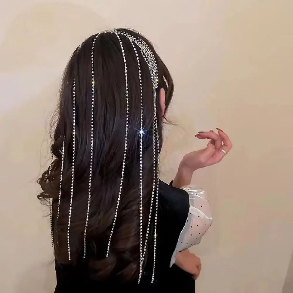 Exaggerated Design Rhinestones Tassel Headband Reflection Luxury Long Tassel Hair Hoop Multi Layered Headpiece