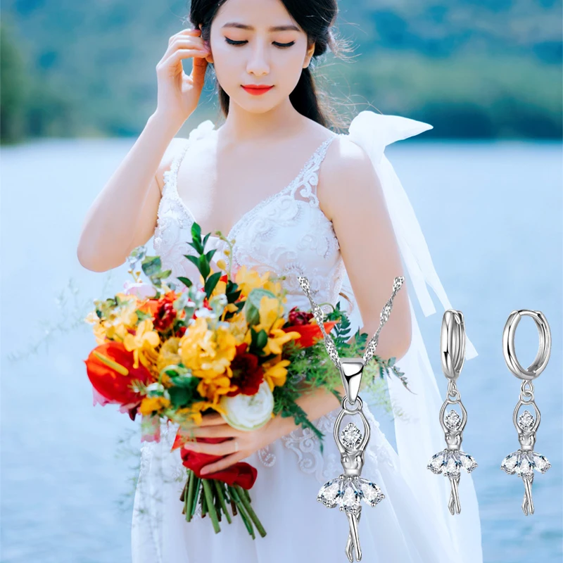 

Beautful Elegant Women Jewelry Sets Pure 925 Sterling Silver Accessories For Women Romantic Gifts Pendant Necklace Hoop Earring