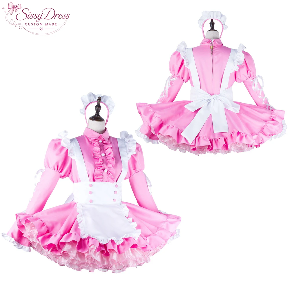 

sissy dress sexy crossdressing sissy maid short baby pink cotton dress lockable Uniform white apron [G2228]