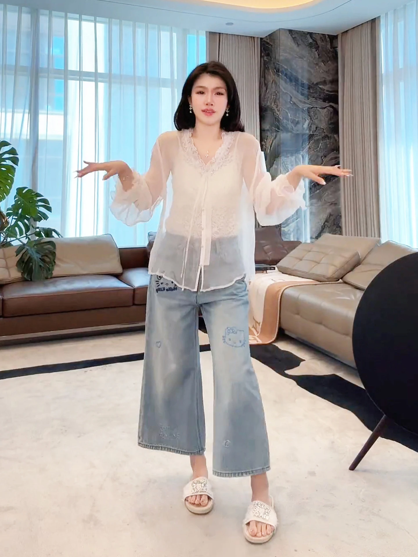 

ME 00 Легкая дышащая накидка из шелковистой ткани с кружевным подолом, повседневная верхняя одежда, стройнящая, с V-образным вырезом, длинными рукавами, однотонная, на пуговицах