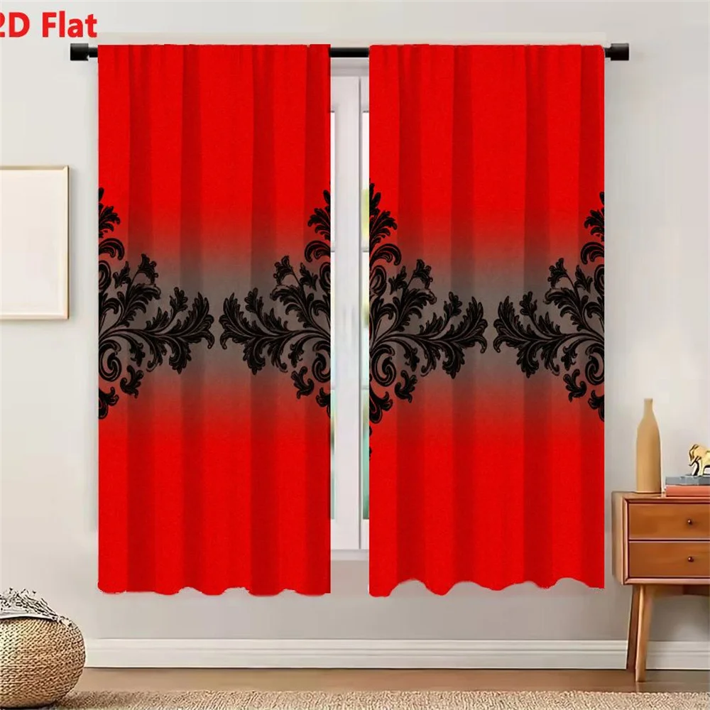 2Pcs Curtains 2D Flat Red Background With Gray Band And Three Symmetrical Black Ornate Baroque Damask Decorative Patterns Featur