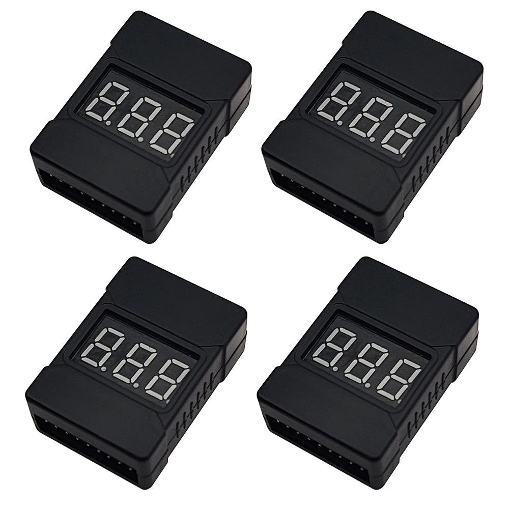 4PCS 2in1 1-8S Lipo Battery Voltage Tester, Low Voltage Buzzer Alarm for 1-8S Lipo Li-ion LiMn Li-Fe Battery, Black Shell