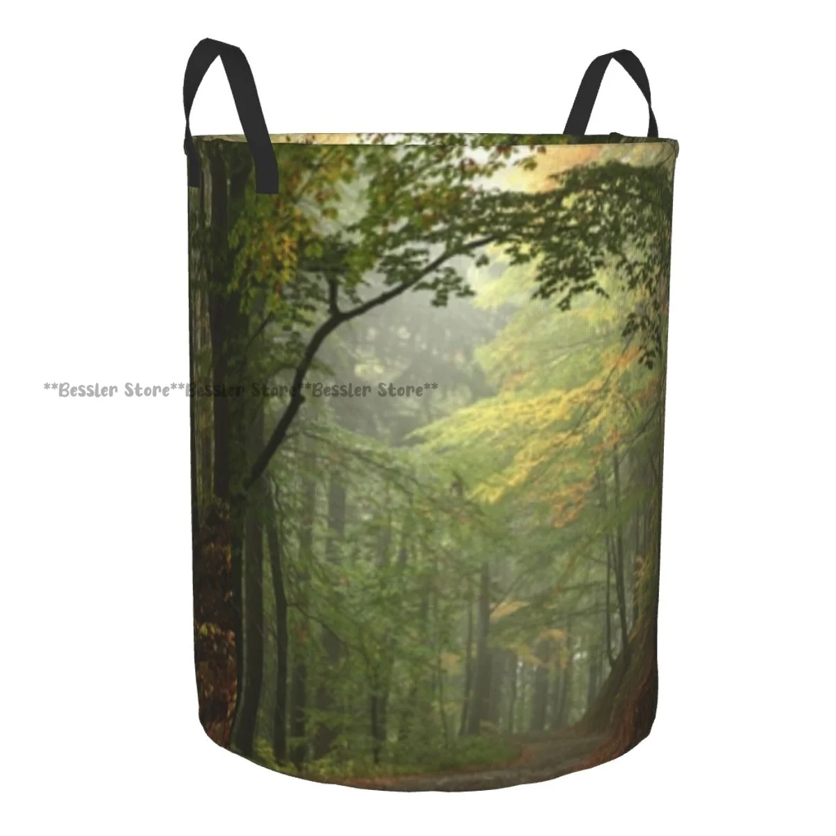 Laundry Basket Misty Autumn Forest With Shaded Trees Foggy Round Storage Bin Collapsible Hamper Clothes Bucket Organizer