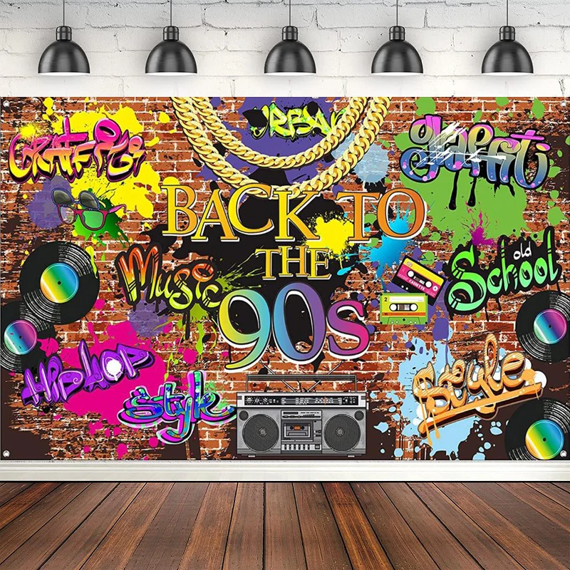 Photography Backdrop Hip Hop Graffiti Banner Brick Wall Retro Radio Background Back To The 90’s Themed Party Decoration Poster