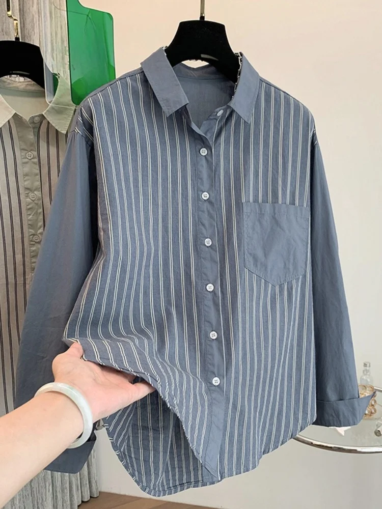 

Spring New Arrival Ladies Casual Sle Pure Cotton Striped Color Blo Collar irt Loose Fit Long Sve Base Layer Top