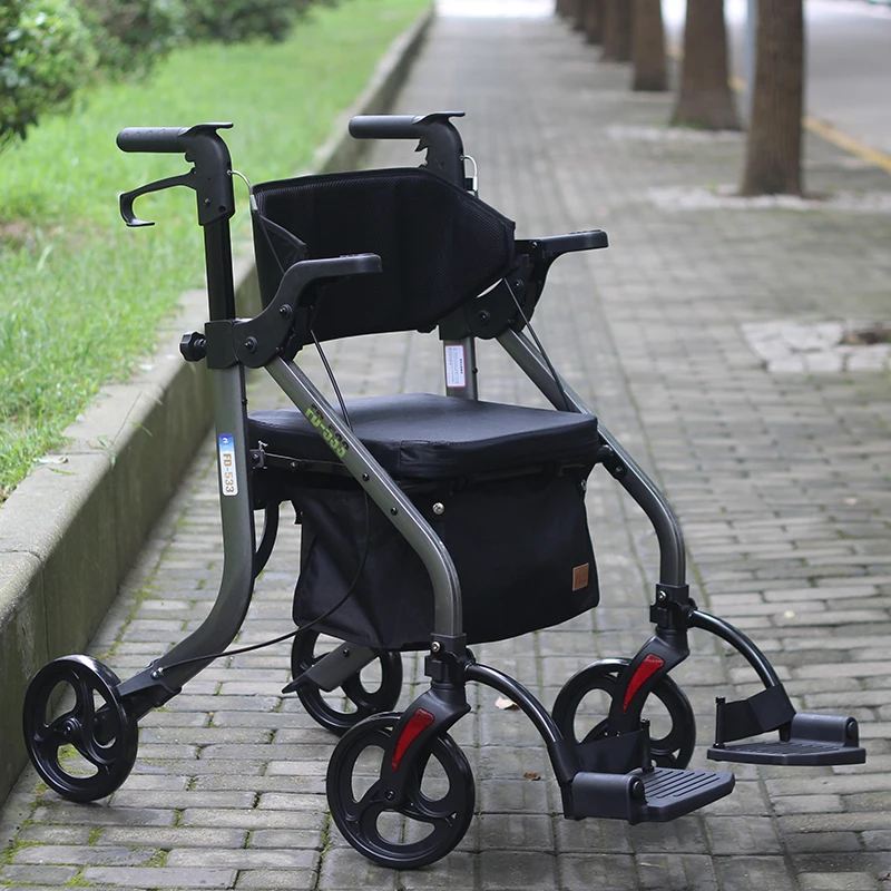 Wheelbarrow walker can sit on four-wheel folding shopping cart for the elderly.