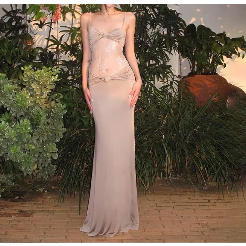 2025 Summer New Women's Summer Solid Color Suspender Back Sleeveless Lace Patchwork Dress