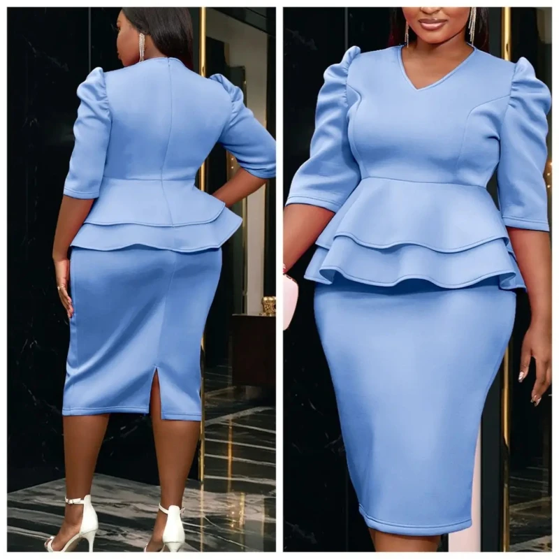

Elegant Church Dress Women Ruffle Peplum Waist Belly Cover Plus Size V Neck Sheath Formal Occasion Cocktail Event Wedding Guest
