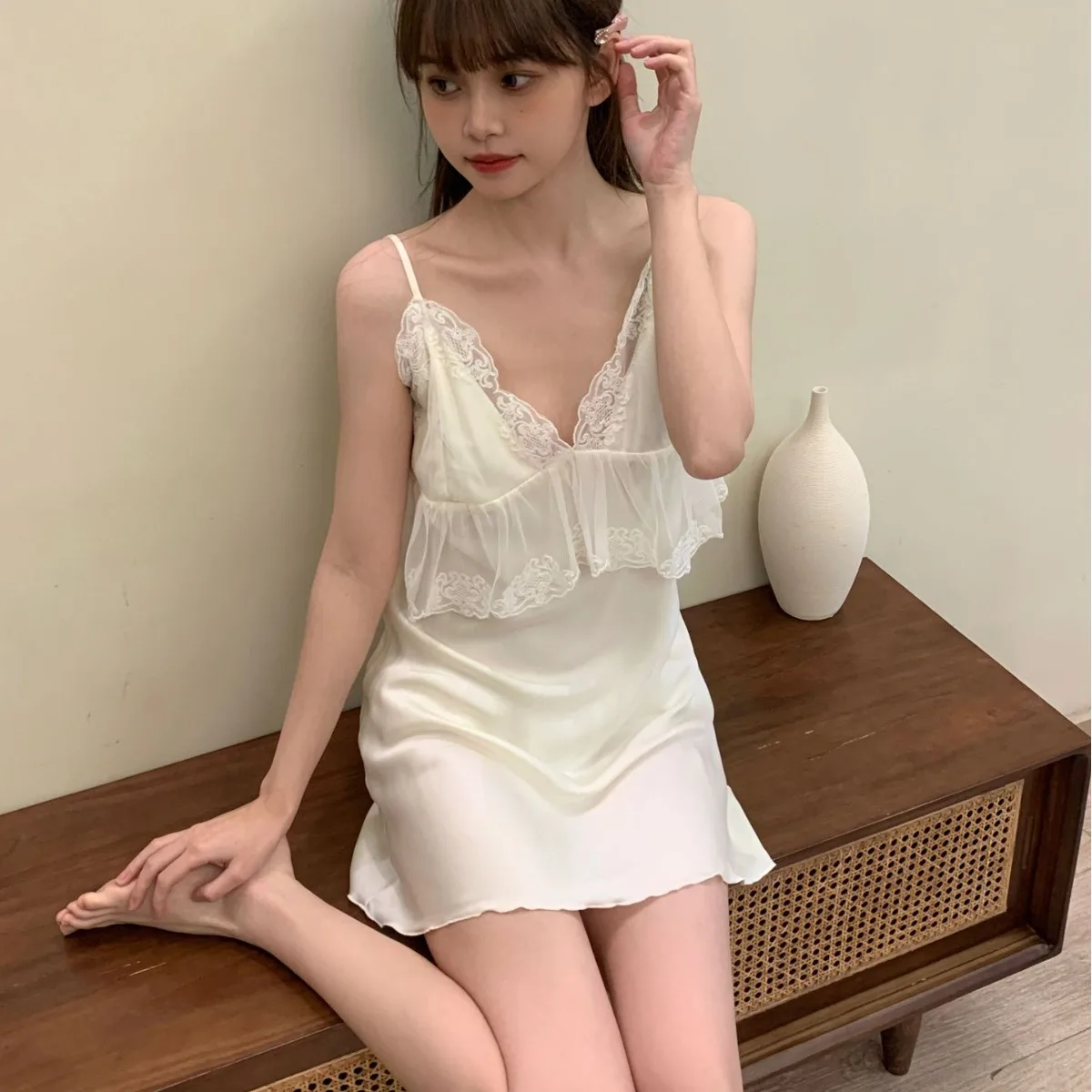 

New Satin Young Girl Bow Sweet Lace Women's Summer Pajamas Silk Pajamas Shoulder Strap Back Skirt