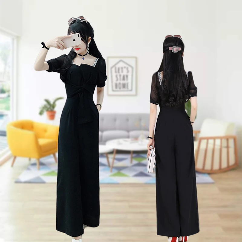 

2022Summer New Black Kink Letter Shoulder Straps Wide Leg Jumpsuit women's Korean zipper Elegant Chic High Waist Trousers Female