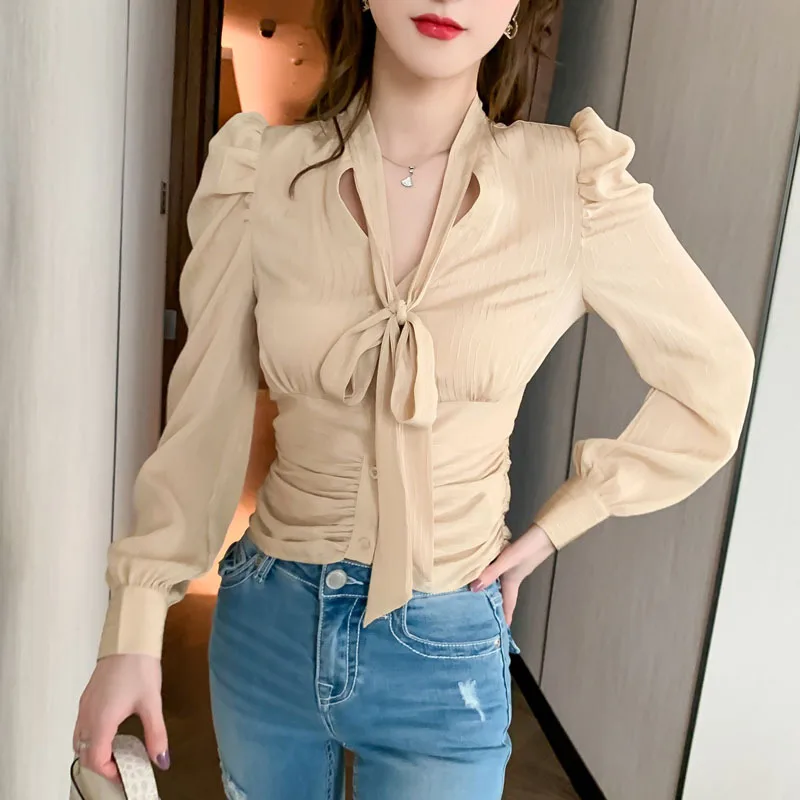 

Autumn New Women's Korean Version V-neck Long-sleeved Solid-color Chiffon Shirt, Playful And Sweet Shirt Women