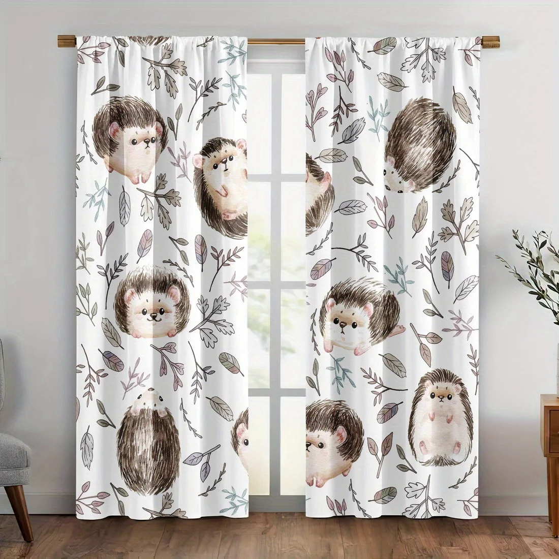 

2pc Cartoon hedgehog pattern curtains, made of polyester fabric, machine washable, suitable for bedroom and living room décor.