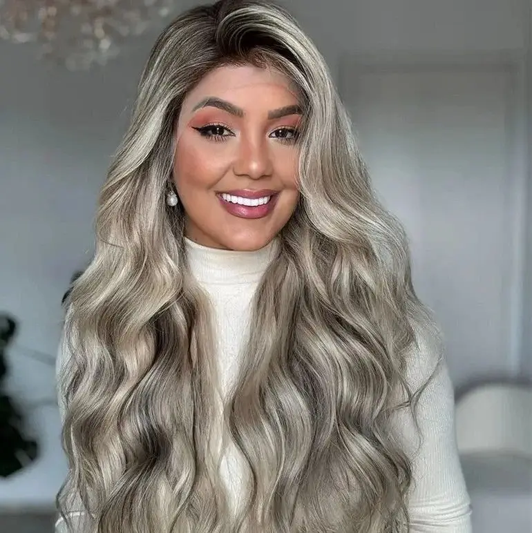 New Style Ash Platinum Blonde Synthetic Wigs On Clearance Sale Long Length Body Wave HD Transparent Lace Wigs High Density Fiber