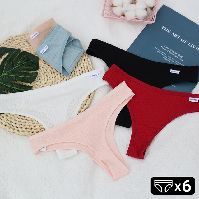 6 szt. Bawełniane stringi damskie, majtki w paski, seksowna modna bielizna typu G-string, miękkie, oddychające figi, jednolita damska bielizna.