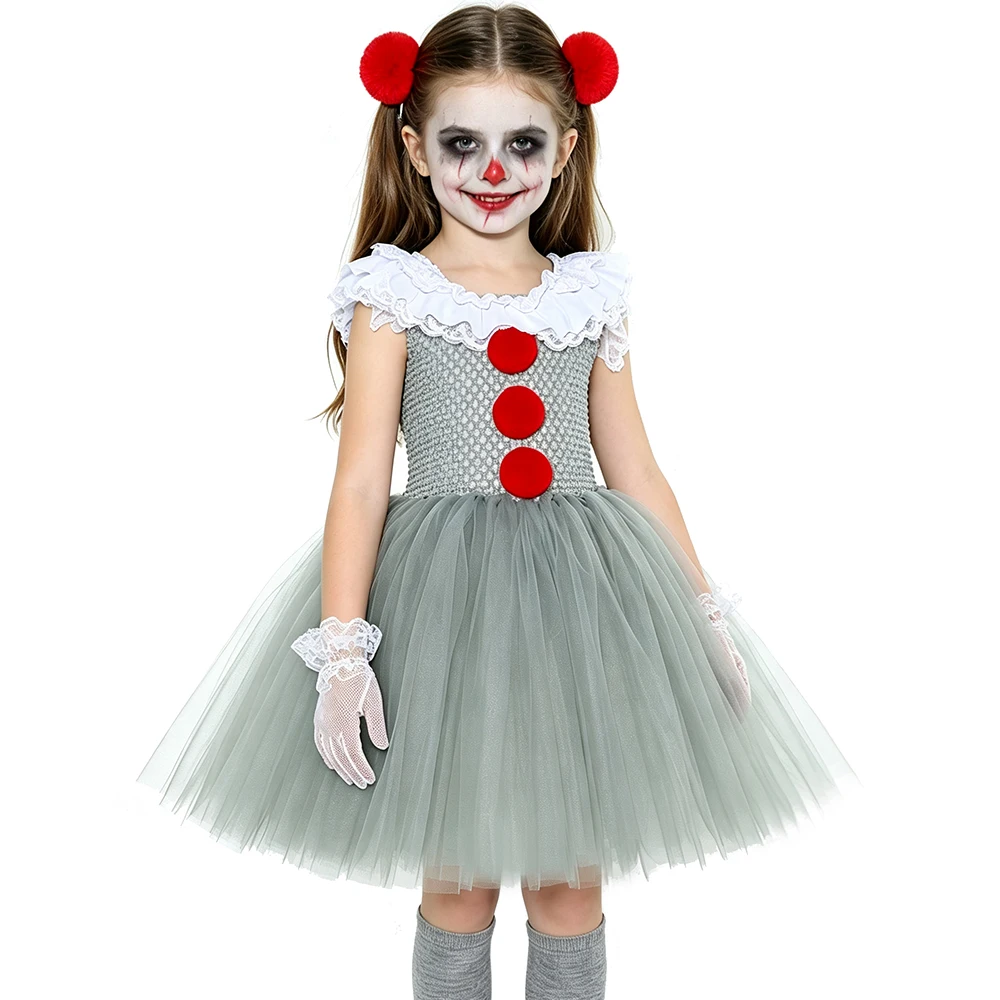 Halloween Carnival Party Scary Joker Dress Up Clothes Girls Pennywise Costume Kids Grey Red Horror It Clown Tutu Dress for Girls
