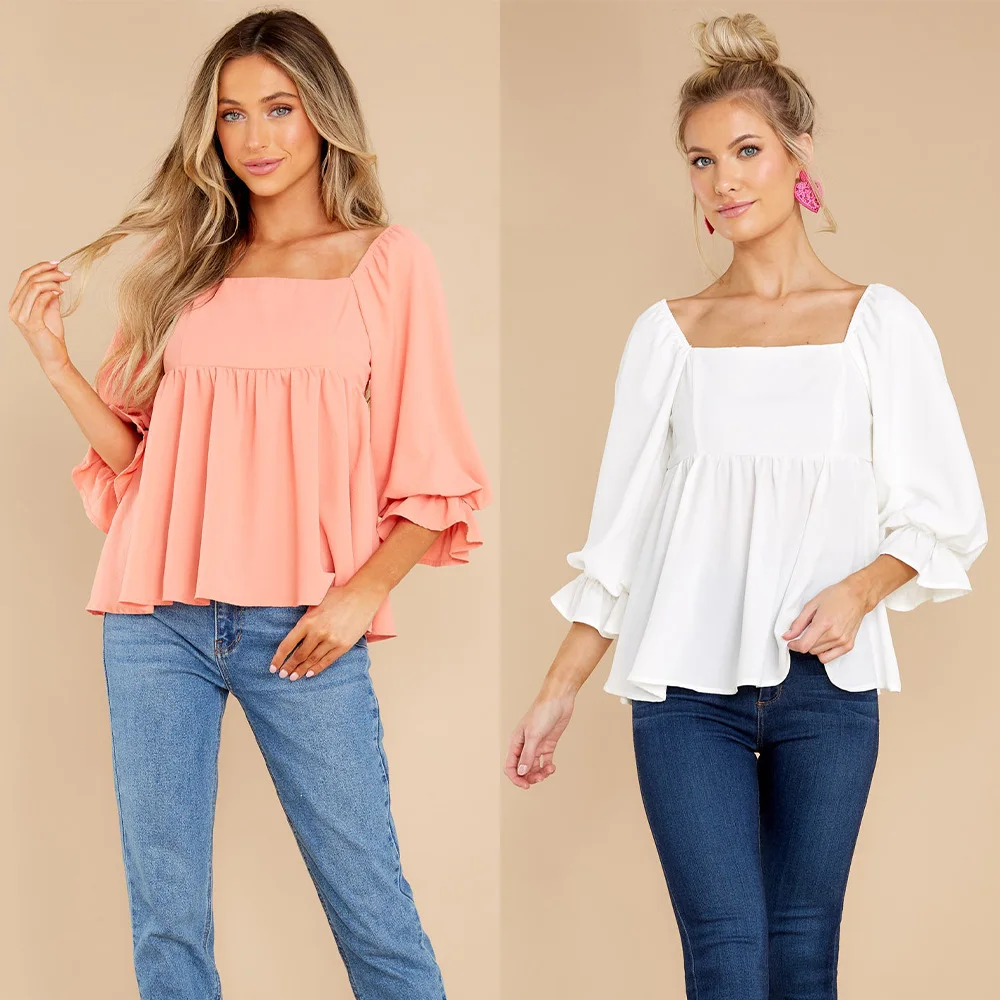 

New Spring-Autumn European American Women's Top: Simple Mid-Sleeve Solid Color Square-Neck Shirt