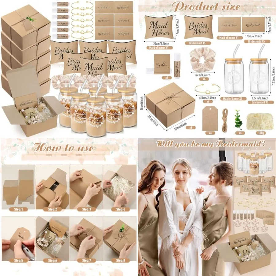 

54 Pcs Bridesmaid Proposal Gifts, Maid of Honor Bride Gifts Include Wedding Gift Box Makeup Bag Glass Cup Card Lip Balm Scrunch