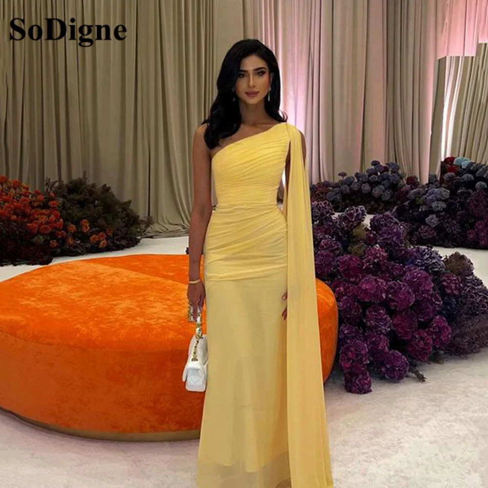 SoDigne Yellow Chiffon Saudi Arabia Prom Dresses One Shoulder Pleats Evening Dress Wedding Party Women\'s Gowns