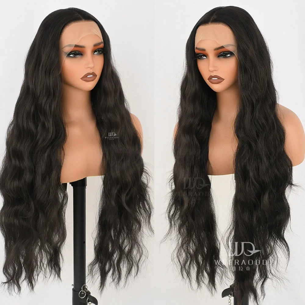 23 26 Inch Black Water Wave 13x4 Lace Front Wig 150% Density Glueless Heat Resistant Synthetic Wavy Wig for Women Cosplay Use