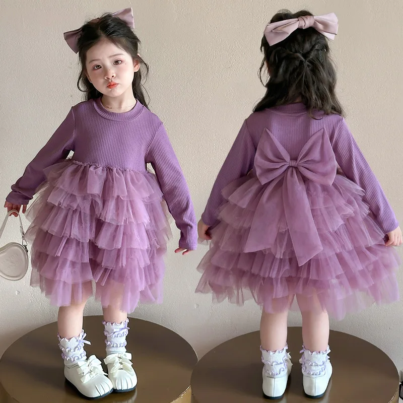 Girls Spring and Autumn New Long Sleeve Mesh Korean Style Fashion Purple Bow Princess Dress