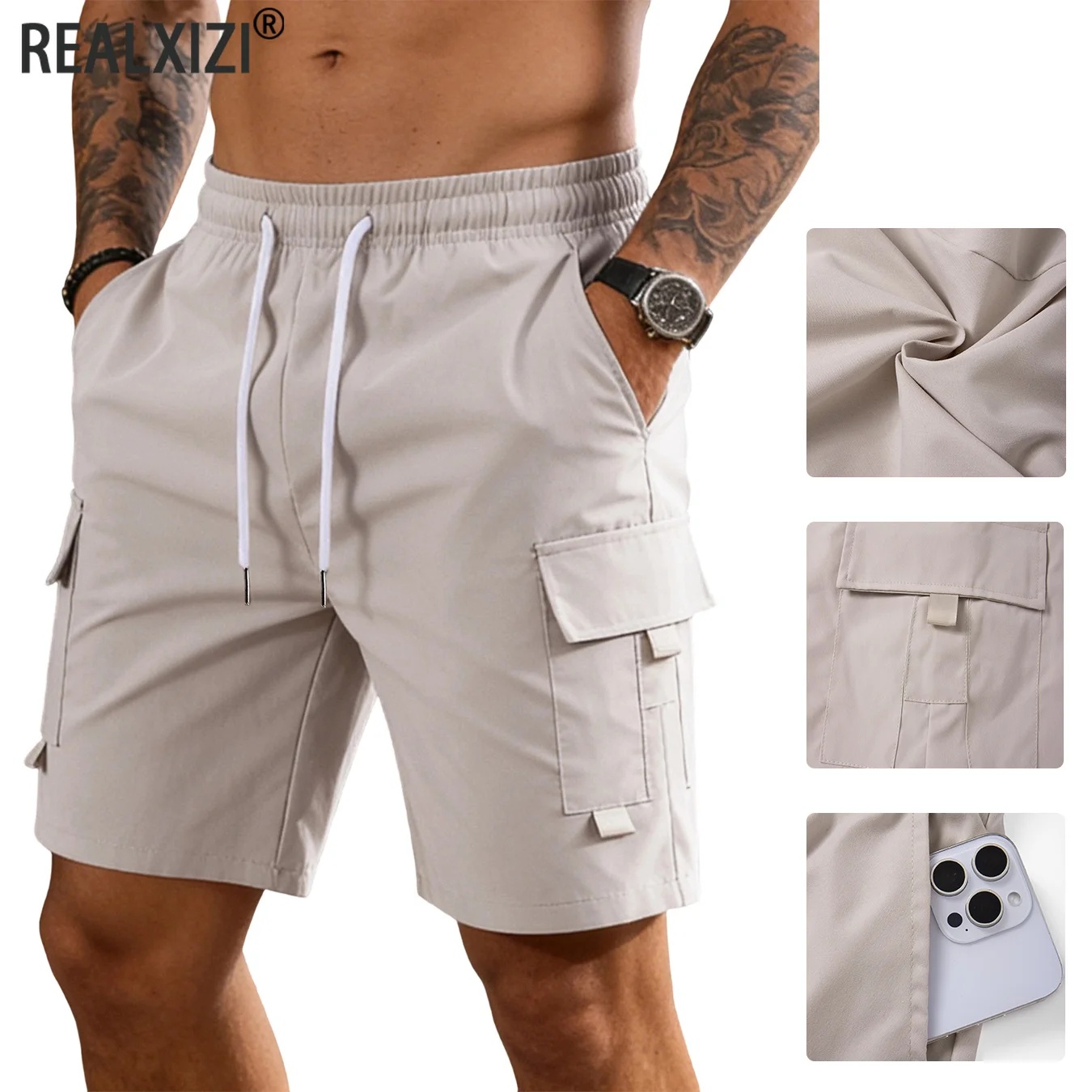 Pantalones Cortos Cargo Multibolsillos para Hombre, Transpirables, Holgados, Estilo Bermuda, Cintura Elástica con Cordón, para Trabajo, Viajes y Actividades al Aire Libre