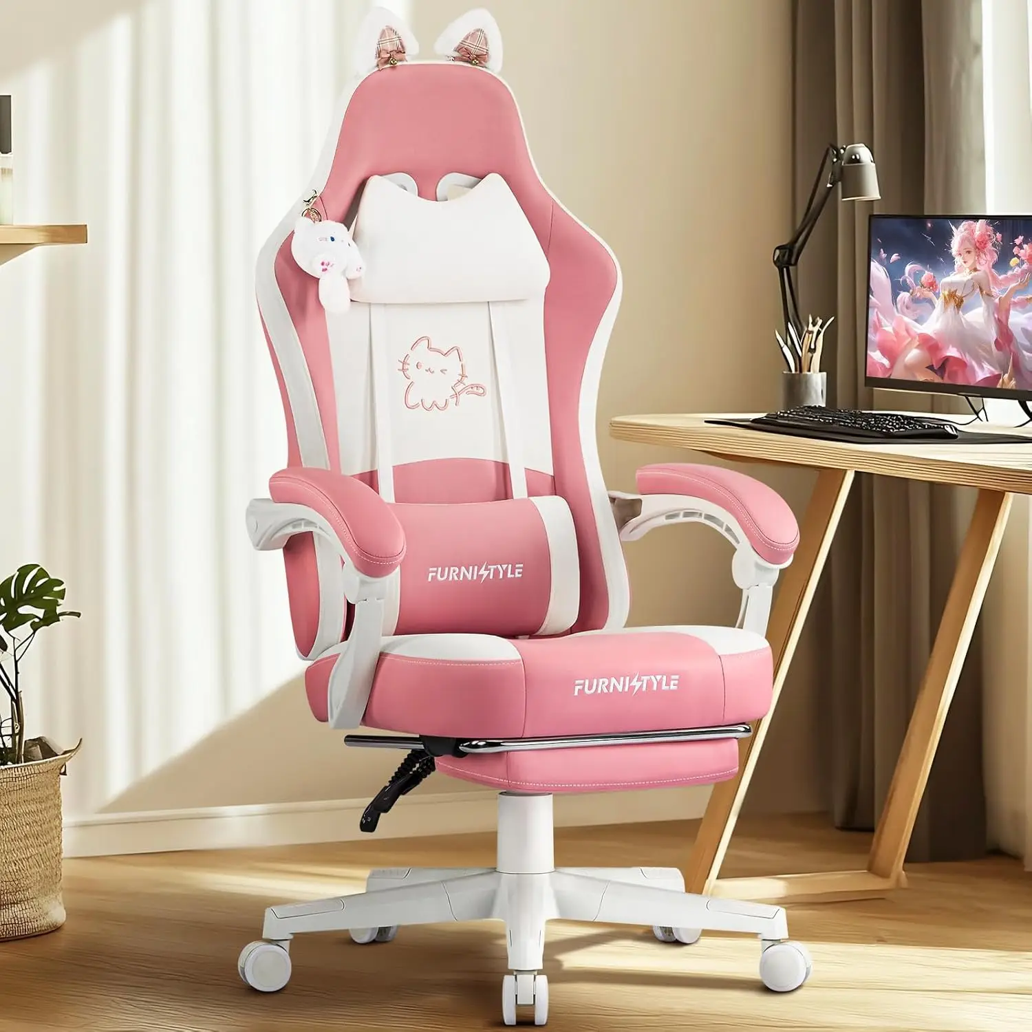 

Pink Gaming Chair with Cat Ears & Pocket Spring Cushion, Massage Lumbar Support Ergonomic Computer Chair for Girls (Pink/White)
