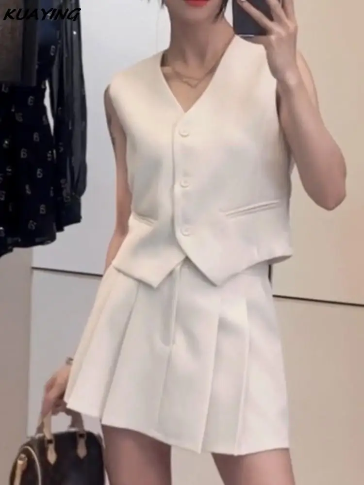 

Elegant Vest Blazer Pleated Short Skirt Suits Summer New Fashion Sleeveless Solid Single Breasted Office Ladies Two Piece Sets