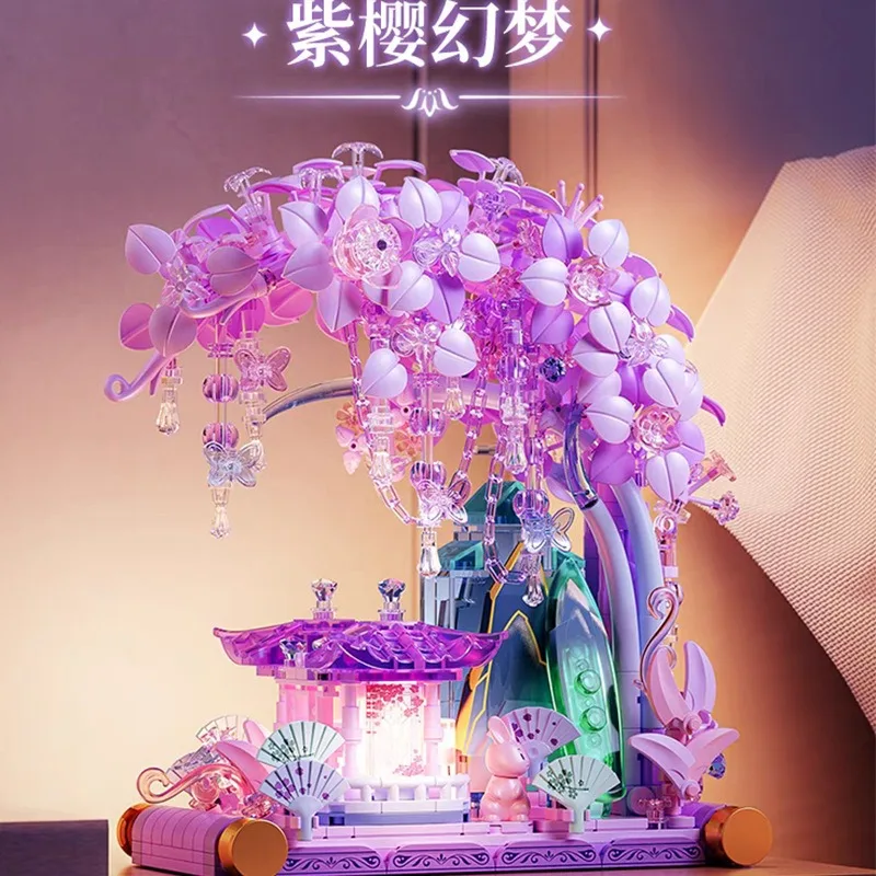 Moonlight Society Sakura Tree House Building Blocks with LED Lights DIY Flower Model Kit Girls Birthday Gift