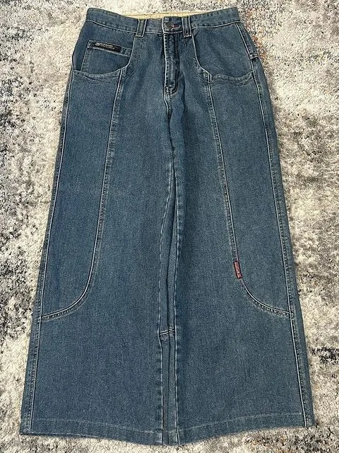 Retro Y2K American Street Style Loose Wide Leg Denim Jeans Big Pocket Pattern Print Casual Loose Fit Cotton Blend Jeans