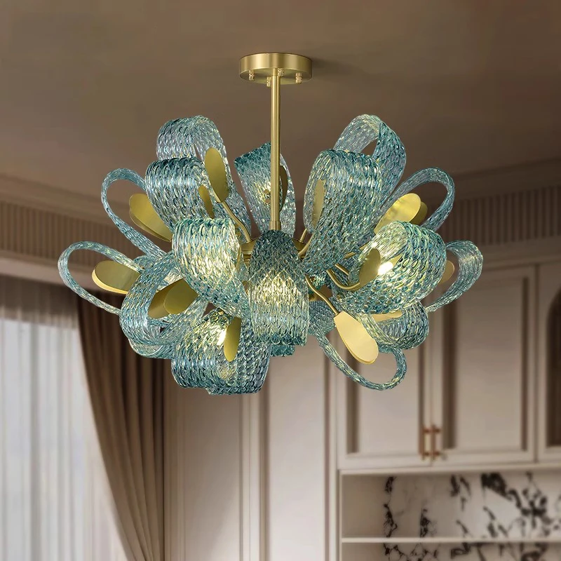 

Blue Glass Flower-shape Ceiling Chandelier All Copper Hanging Lamps Home Appliance Lustres