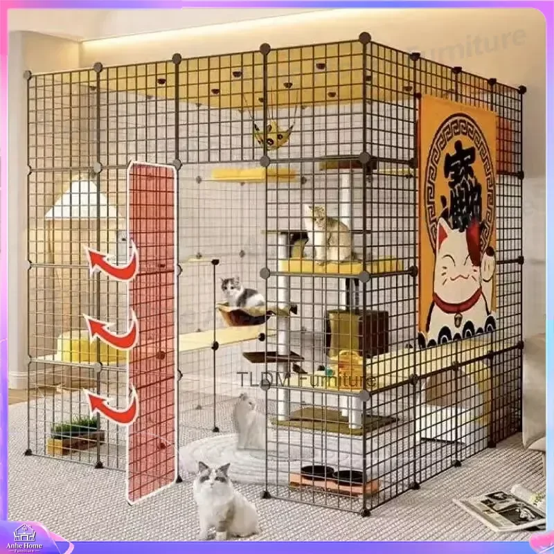 Large Transparent Cat Cage Indoor Luxury Villa House Big Space Pet Fence Tree for Living Room Balcony Household Kitty Condo