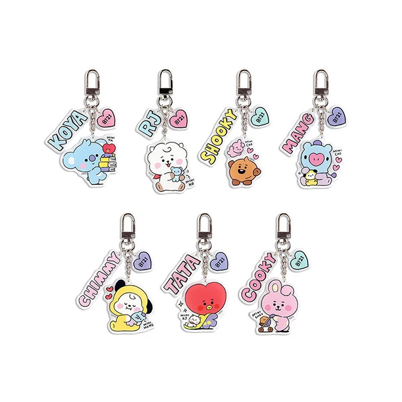 7Pcs/set Bt21 Keychain Pendant Kawaii Cartoon Bt21 Tata Cooky Transparent Acrylic Pendant Girl Bag Decorative Birthday Gift