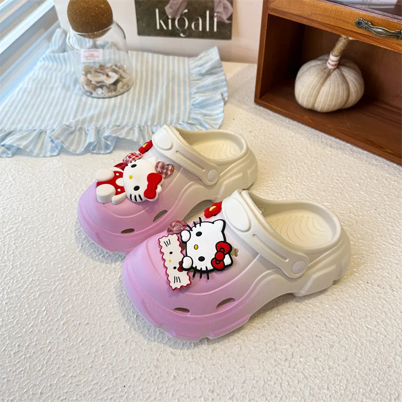 Sanrio Ombre Gradient Hello Kitty Clogs Women Gingham Flower Charms Lightweight Non Slip Summer Indoor Daily Casual Home Sandals