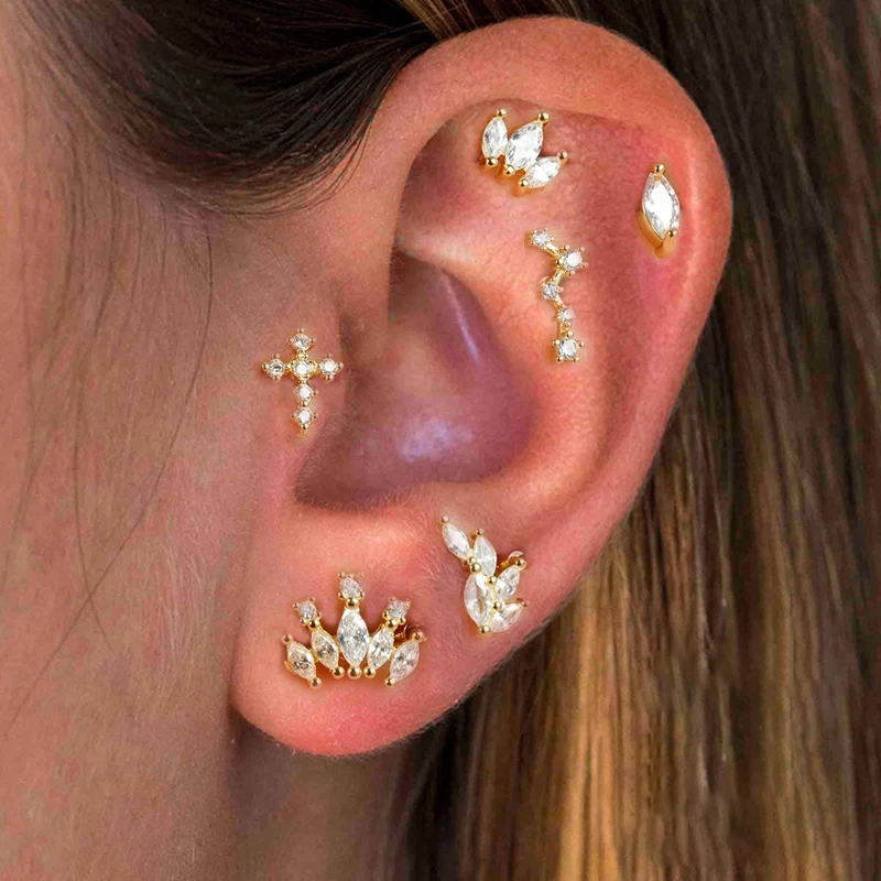 2Pc Roestvrij Staal Minimal Moon Cross Ear Studs Oorknopjes Vrouwen Koreaans Blad Kristal Helix Studs Tragus Kraakbeen Piercing Sieraden