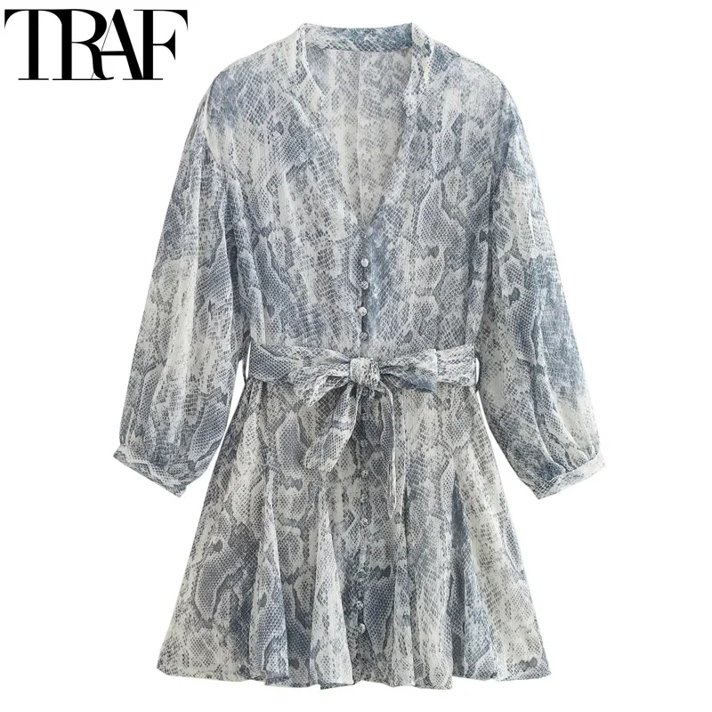 TRAF Animal Print Women's Dress Vinatge Long Sleeve Shirt Mini Dress Woman Fall Belt Short Dresses Women Button Casual Dresses