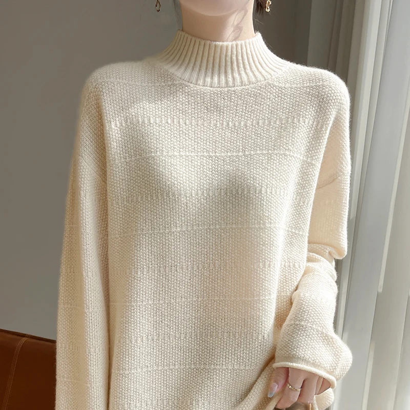 New Women 100% Pure Wool Pullover Fashion Knitwear Loose Sweater Half Height Neck Curled edge style High-quality Warm Loose Tops