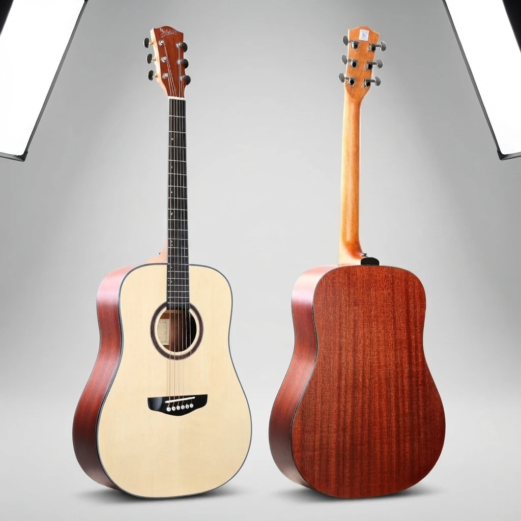 Glossy Acoustic Guitar 6 String No Cutaway Natural Top Brown Back Chrome Tuners Dot Inlay Bridge White Pins Slim Neck