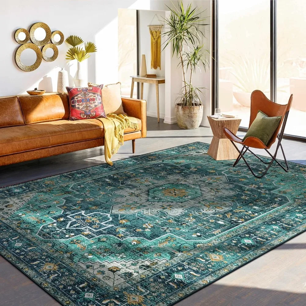 Ultra-Thin Washable Area Rugs for Living Room, Teal Large Living Room Rug Non Slip, Vintage Oriental Indoor Floor Carpet