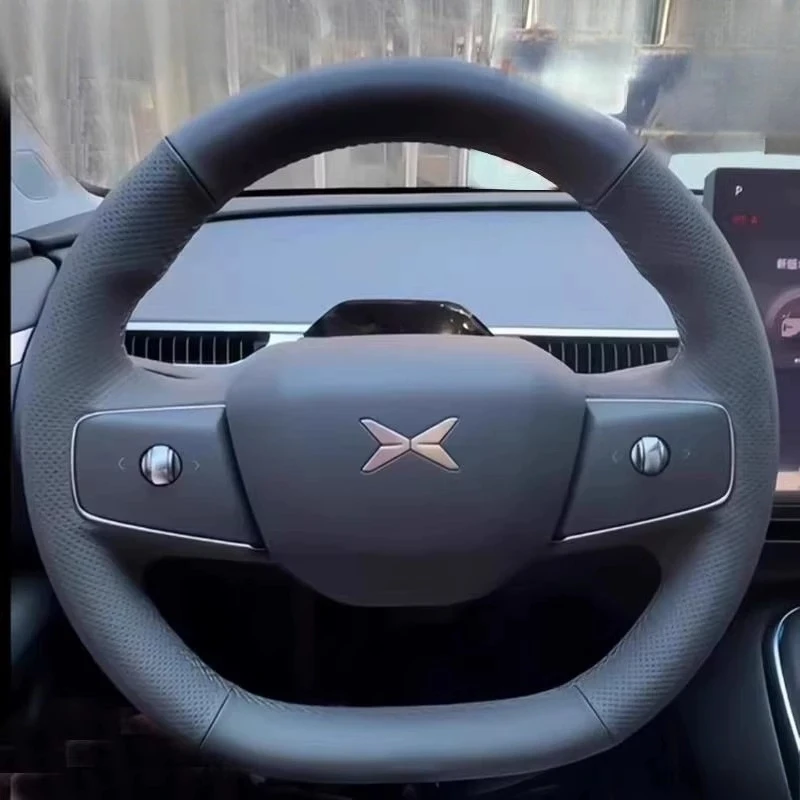 For XPeng P7 2025 Hand-Stitched Non-Slip black genuine Leather car Steering Wheel Cover